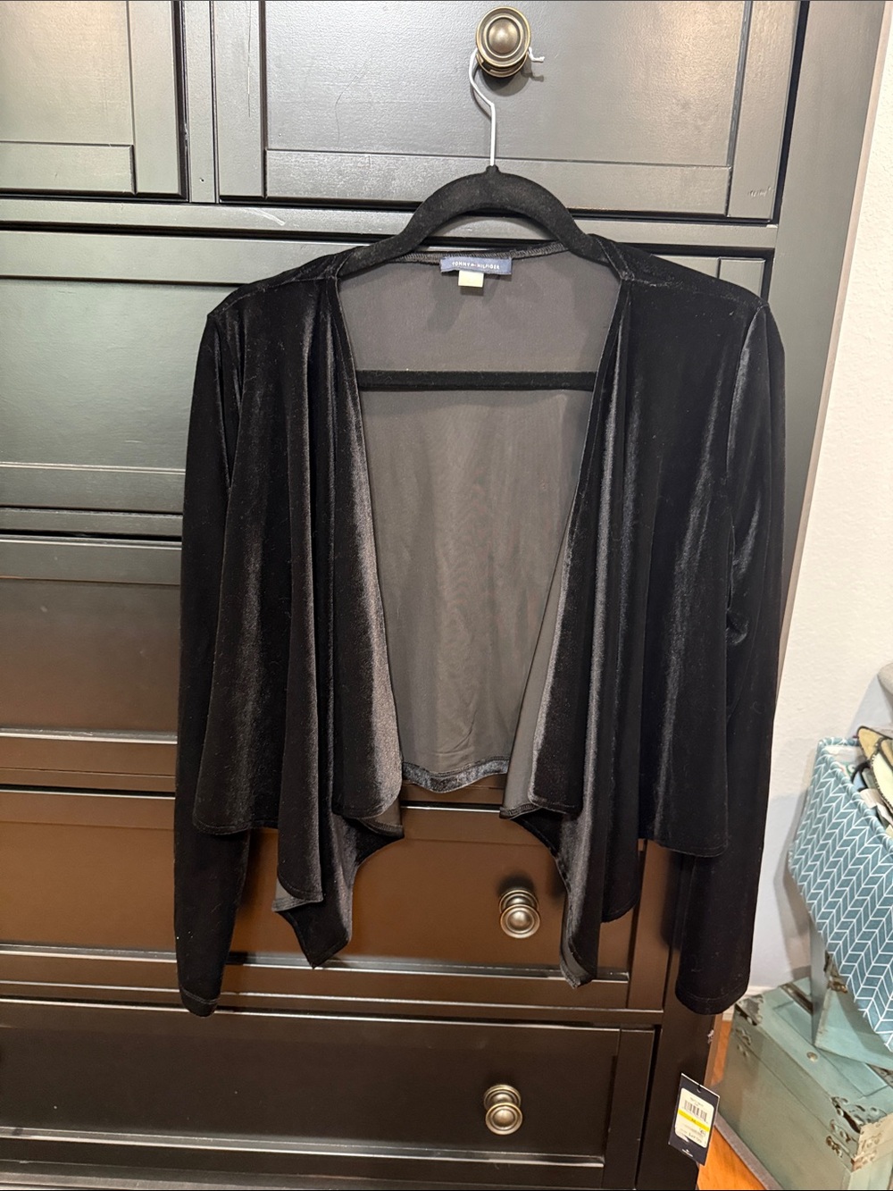 Tommy Hilfiger Black Velvet Open-Front Draped Cardigan